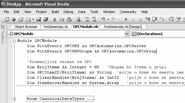 страни (тј. OPC item ID а) и низ кодова грешке за сваки итем. Уколико је процес додавања итема прошао без грешака сви чланови овог низа су нуле. Сл. 6. Пример кода за читање OPC итема Сл. 4.