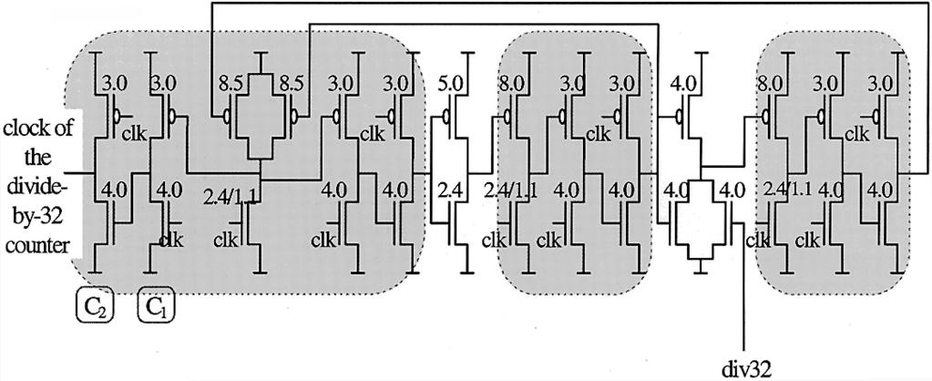IEEE JOURNAL OF SOLID-STATE CIRCUITS, VOL. 34, NO. 1, JANUARY 1999 101 Fig. 6. Transistor schematic of the divide-by-4/5 counter D G4. The transistor width or, when the length is different from 0.
