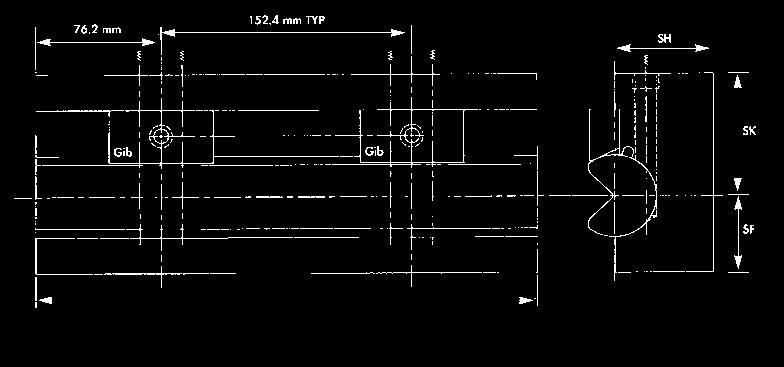 4 mm diameter rocker X = 304.8mm, repeat for 609.6 mm lengths Gib (GL) =28.6 mm Gib (GL) = 38.1 mm RBM 150: 304.8, 609.6 and 914.4 mm lengths in stock, 38.