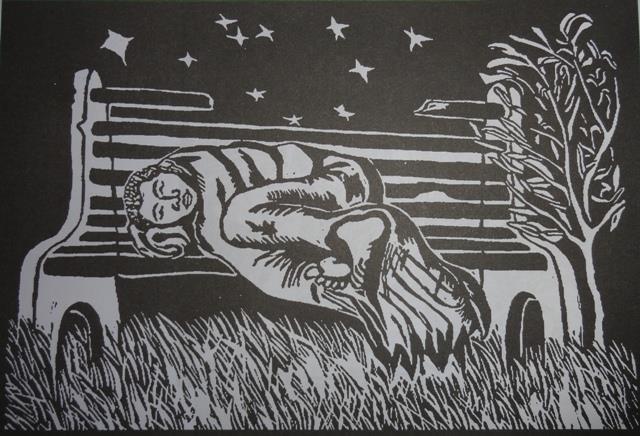 QUESTION 4 4.1 Name any five careers in visual art and design. (5) 4.2 Look at the artwork below and answer the questions. A reproduction of the linocut Sleeping in the Park 1994 by Sophia Peters 4.2.1 Describe the artwork in few words.
