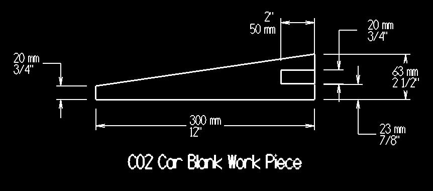 Car must be full width as supplied at both wheels for a distance of 13mm or 1/2 on both sides of each axel. CO2 Car Design Specifications Specifications Limitations MAX. MIN.