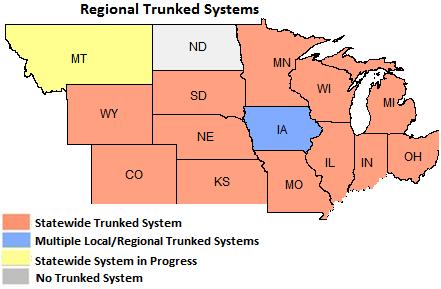 Figure 8: Mid-West and North Central Region State and Local Trunked Systems Trunked radio technology, primarily based on the public safety Project 25 (P25) standards, has become the dominant radio