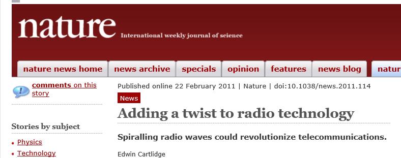 1 Research Background 2011, Nature reported a news titled Adding a twist to radio technology spiralling radio waves could