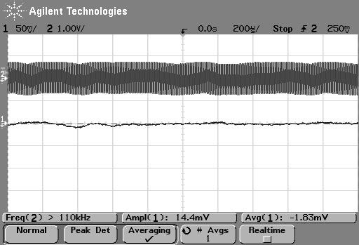 A/div, lower trace: peak detector output 0.5V/div. Horizontal scale 00µS/div.