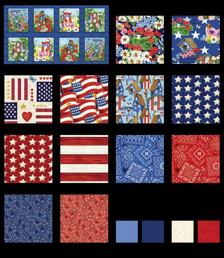 America the eautiful Fabrics in the Collection Finished Quilt Size: 62 x 71 Quilt 1 locks - lue 1459-77 irds and Flowers - lue/multi 1460-78 Summer Motifs - lue/multi 1461-78 Hearts and Flags Off