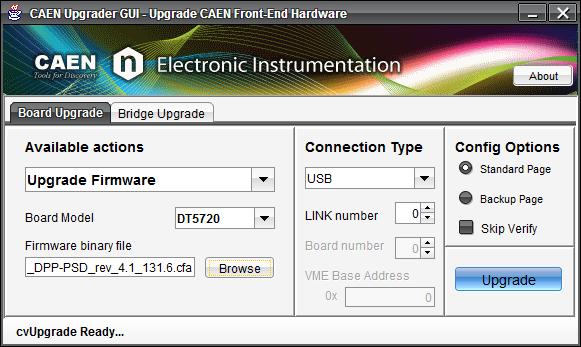 Fig 53: CAENUpgrader settings for DPP-PSD firmware upgrade Note that when running the DPP-PSD Control Software, the program checks for the firmware loaded in the target Digitizer If no license is