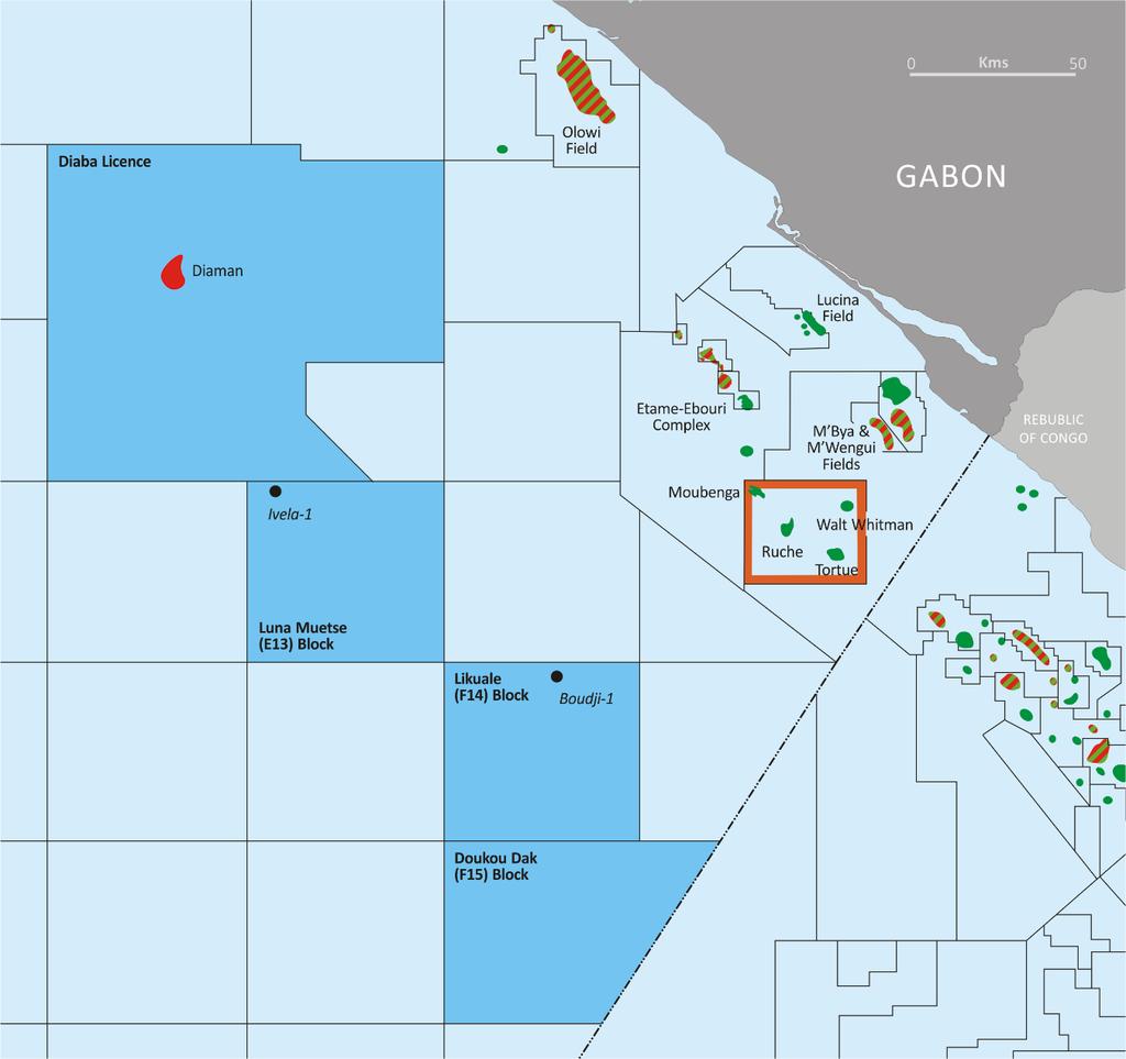 SOUTHERN GABON OFFSHORE BLOCKS Gabon pre-salt exploration drilling is underway following the 2013 license awards Repsol plan to drill a pre-salt exploration well in the E13, Luna Muetse, license