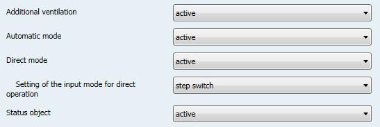 The following table shows the available settings: ETS-text Dynamic range [default value] Block Object 1/2 not active active Action at Activation Blocking of no reaction 1/2 switch off valves and