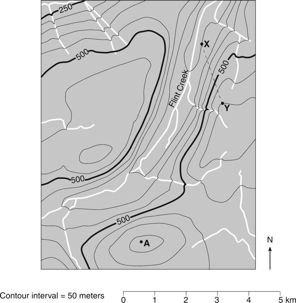 6. Base your answer(s) to the following question(s) on the topographic map below. Points A, X, and Y are reference points on the map. What is a possible elevation of point A? A. 575 meters B.