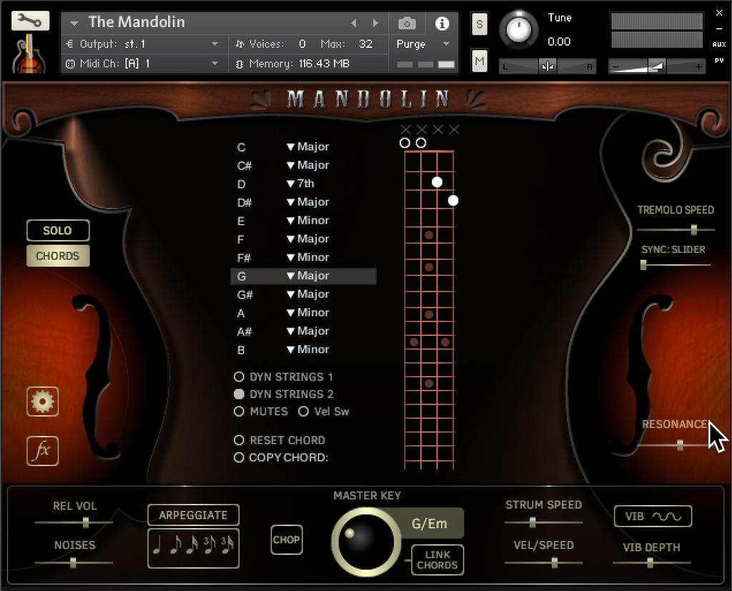 The Mandolin has two playing modes, Solo and Chords, and you can switch between these modes with the