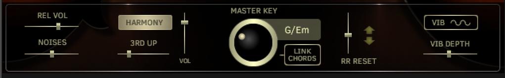 SOLO Mode You will find more controls for the articulations in the More Settings panel. HARMONY button latches the Harmony effect on. Harmony can also be controlled via key switch or key velocity.