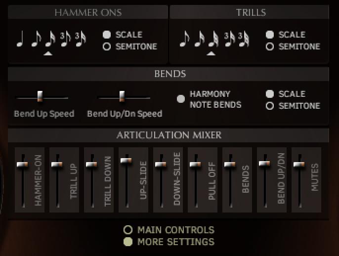 SOLO Mode More Settings While in SOLO mode, pressing the MORE SETTINGS button will display these controls: NOTE RESOLUTION controls for Hammer-ons, Pull-offs,and Trills.