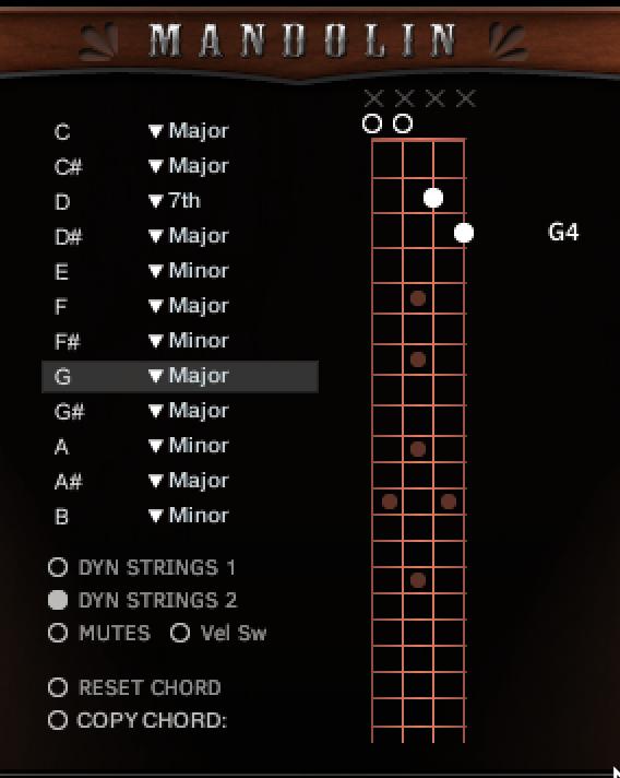 CHORDS Mode Selecting Chords and the Fretboard Selecting Chords Use the pull-down menus to select the chord variations.