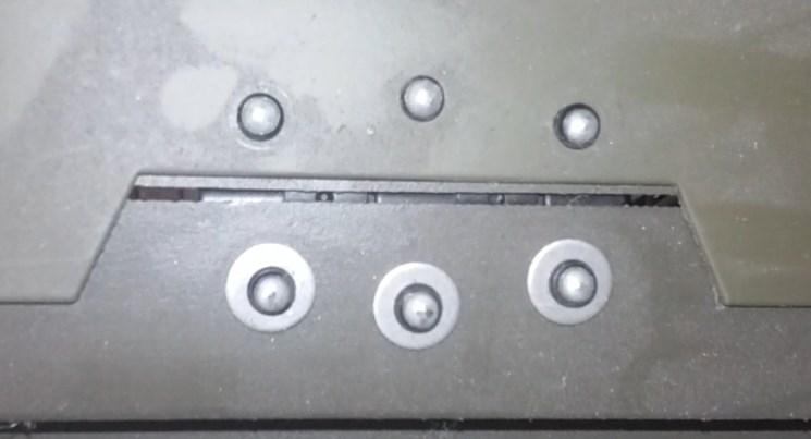 Rivet (9) 12036 Rivet burr From top side of table (outside view) insert (9) rivet within each hinge hole.