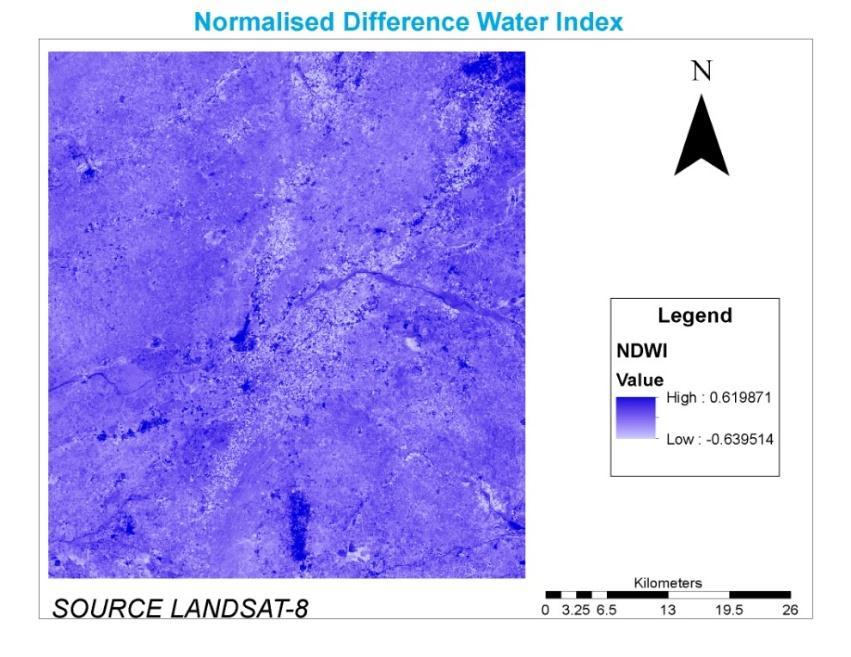Figure 14 Shows the NDWI calculation for landsat 8 image which is calculated by taking reflectance of GREEN and NIR band of image where higher range values shows feature of water body Conclusion The