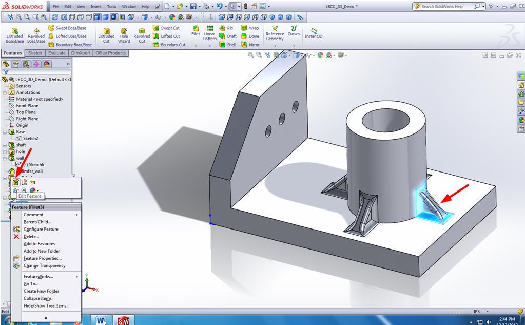 the cylindrical boss to set it as the central feature for the Circular Pattern again; click the Features to Pattern field and then the first rib and the attached fillets either on the 3D model or in