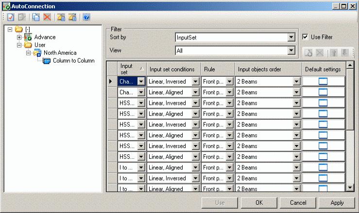 In the appeared dialog select the profile types, the conditions (linear, inversed, at web ), the connection, For each defined connection you can modify the default settings.