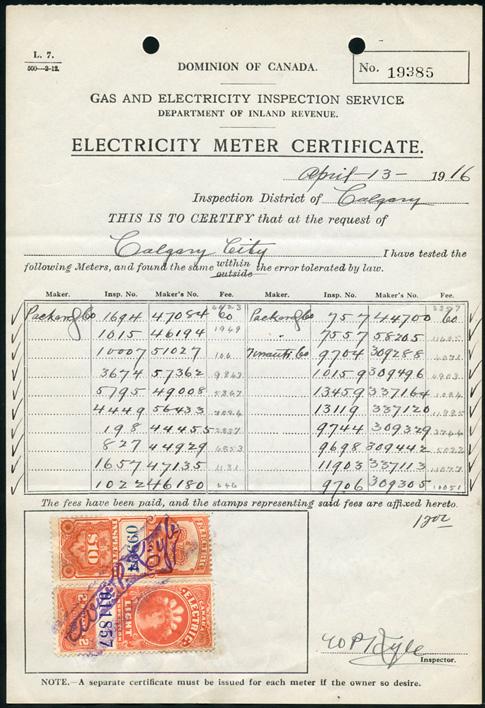 Calgary 1916 ELECTRICITY METER CERTIFICATE FE7-$10 + FE14a-$2 pay
