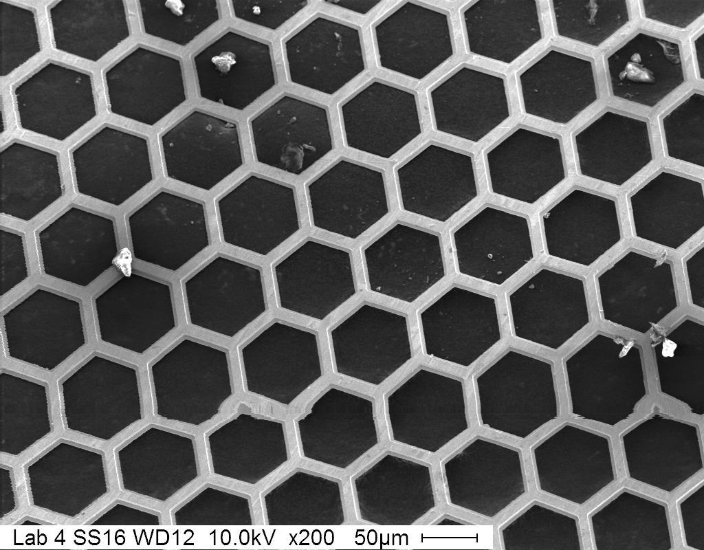 Figure 8a: Scanning Electron micrograph of a copper grid for comparison on depth of fields. Image was taken at a working distance of 12mm and an aperture of 2.
