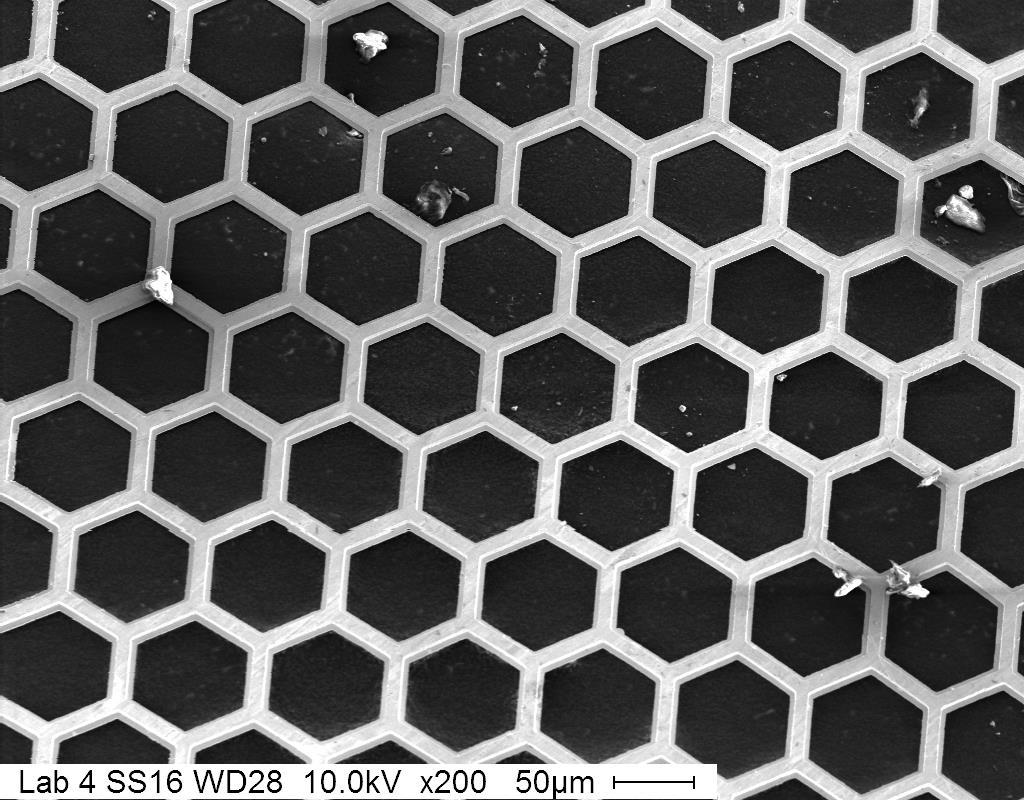 Figure 8b: Scanning Electron micrograph of a copper grid for comparison on depth of fields. Image was taken at a working distance of 29mm and an aperture of 1.