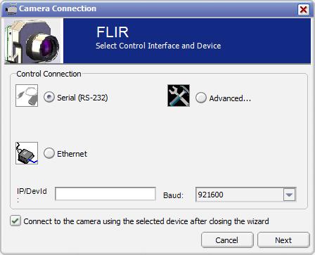 1 2 3 Figure 7: FLIR Camera Controller GUI Connection Window Part 1 4. Select Serial (RS-232), select 921600 as the Baud Rate for fastest communication, and click Next.