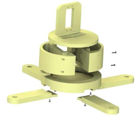The base consists of lower base panel, supporting legs, mounting base (servo fixed), and rotating upper base panel.