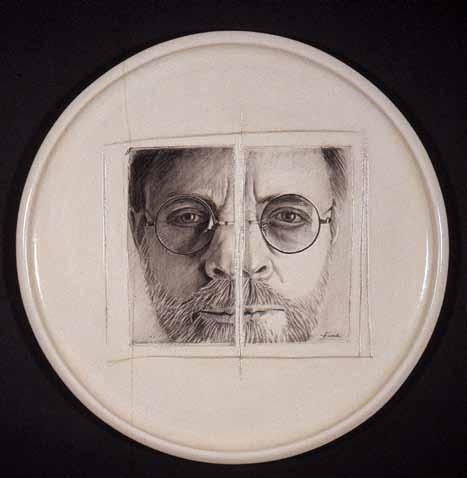 Verne Funk, California, USA, Split Portrait of the Artist, 18 in. (46 cm) in diameter, wheel-thrown whiteware, underglaze pencil, glaze, 1996. smoother the clay surface, the better the drawing.