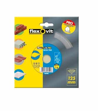Flexovit range Pictograms explaining the range of Diamond Blades available, what they are suitable for and their coordinating colours Safety symbols Engraved safety data PRO logo