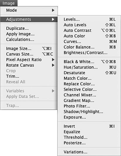 88 HOUR 5: Adjusting Color FIGURE 5.1 The Adjustments submenu gives you all the tools you ll need.
