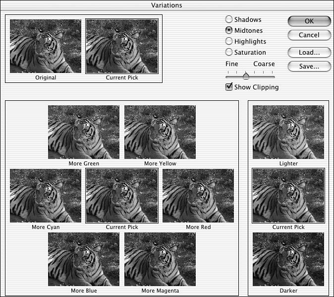 90 HOUR 5: Adjusting Color FIGURE 5.2 The seven thumbnails at the lower left adjust hue, whereas the set of three on the right side adjusts brightness.