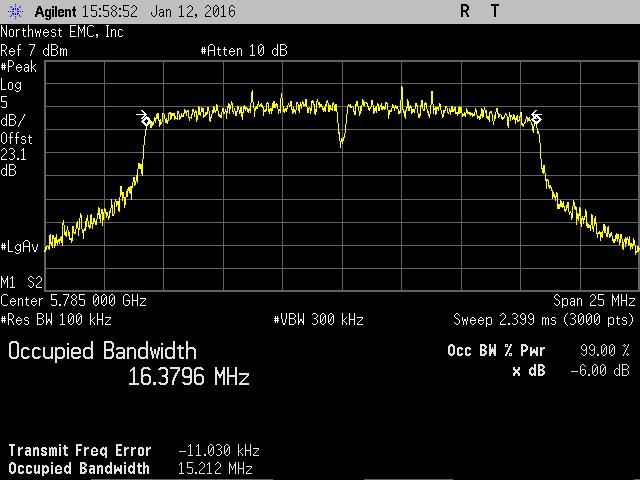 OCCUPIED BANDWIDTH 5725-5785 MHz Band, 802.11(a) 6 Mbps, Low Channel, Ch 149-5745 MHz Limit Value (>) Result 16.
