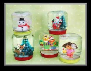 Winter Arts and Crafts Snow Globes Clean jar with water-tight lid Waterproof figurine (plastic or glass toy or decoration) Waterproof glue Water Glitter 1. Remove the lid from the jar and set aside.