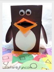 Feed the Penguin Empty cardboard box (i.e. cracker Different colored paper and black or cereal box) marker (fish) Black, white, and orange Glue construction paper Optional: googly eyes Scissors 1.