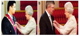 Fig. 1 The doctored image depicting Jeffrey Wong Su En while receiving the award from Queen Elizabeth II, published in Malaysian dailies(a), and the original picture of Ross Brawn receiving the Order