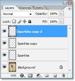 Step 24: Duplicate The Sparkles Copy Layer To increase the brightness of our sparkles, with the Sparkles copy layer selected, once again use the keyboard shortcut Ctrl+J (Win) / Command+J (Mac) to