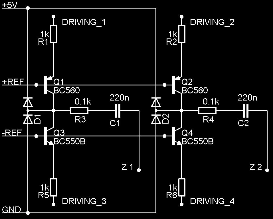 Fig. 4.17. Simplified schematics of the four transistors bridged V/I converter.