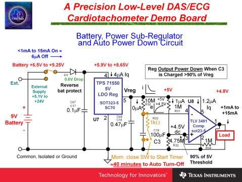 The DAS/ECG board may be powered by either a 9V alkaline battery, or an external supply. Current varies from <1mA to about 15mA depending on the board s operating mode.