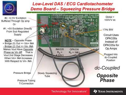 This image depicts how the squeezing tube is connected to the bridge and also some of the DAS/ECG board settings for DC operation.