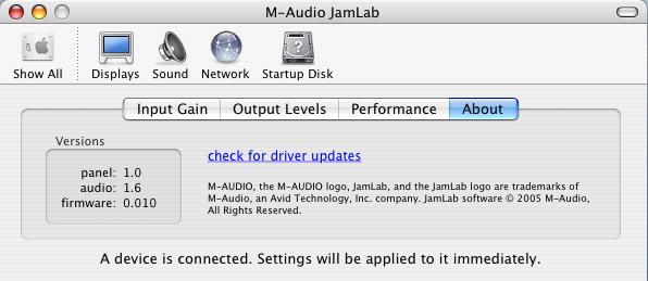 The About tab contains useful information about your JamLab.
