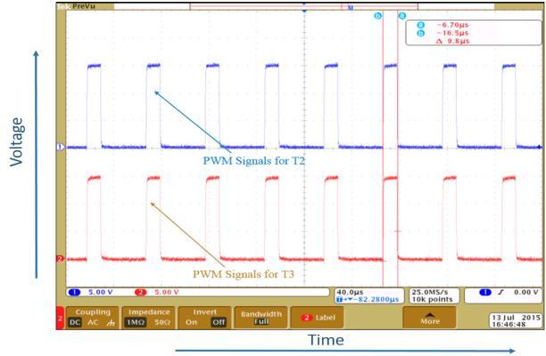 12 PWM pulsed signals at PIC IC pins The PWM signals at the high-side MOSFET switches are as shown in Fig. 13. The voltage level of the pulses is 15V.