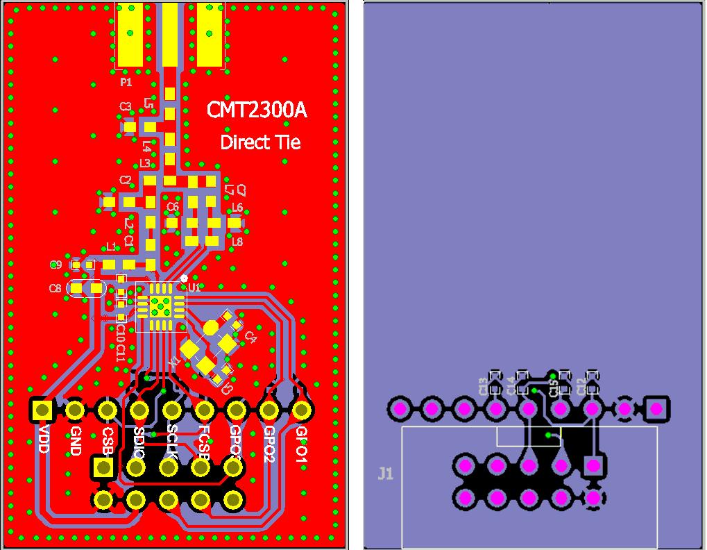 1.1.2 Direct Tie Matching Circuit Layout Design CMOSTEK Direct Tie matching layout uses the two layers design. Figure 2. CMT2300AW Direct Tie PCB Layout Instructions: 1.