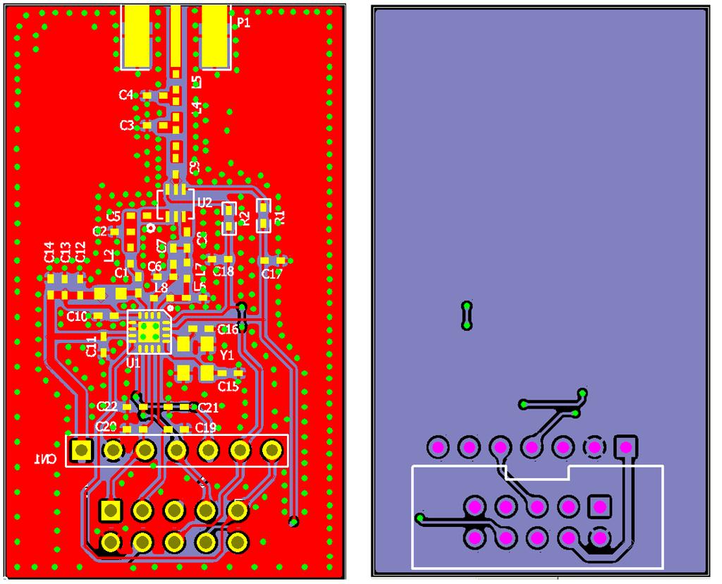 1.2.2 RF Switch Type Matching Circuit Layout Design CMT2300AW RF Switch Type matching layout uses the two layers design. Figure 4. CMT2300AW RF Switch Type PCB Layout Instructions: 1.