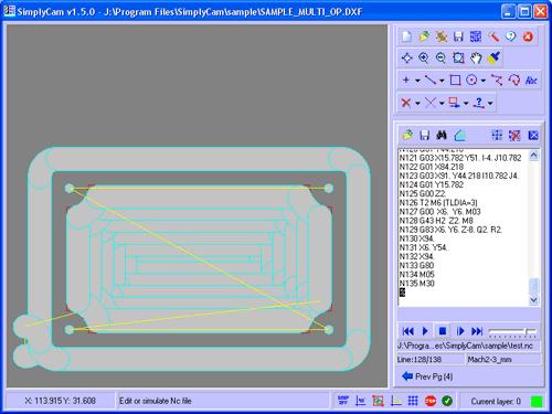 78. Press the "Play" button to simulate the contour, pocket and drill toolpaths in the graphic area. 79. You have successfully created the multi-toolpath example with SimplyCam.