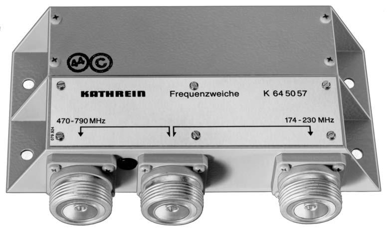 Multiband Combiner 174 230 MHz / 470 790 MHz General Multiband combiners allow several transmitters or receivers of different frequency ranges to be connected to one common output.