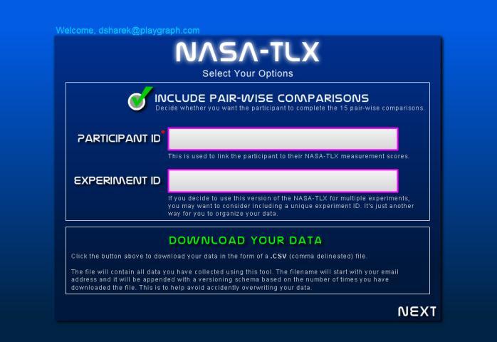Figure 3. Online NASA-TLX Options Screen. In order to begin a new TLX measurement session, a Participant ID must be entered.