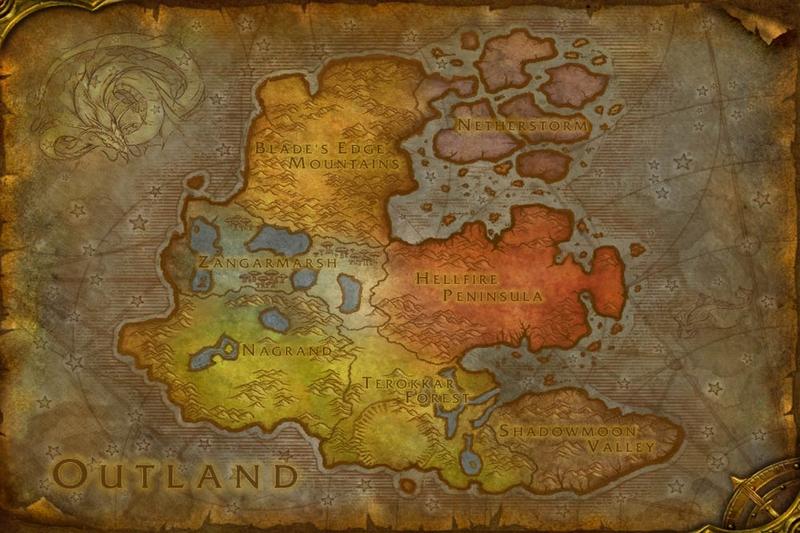 Figure 1. A map of the zones that make up Outland, the continent that expands the World of Warcraft to three continents and made available with the Burning Crusade expansion.