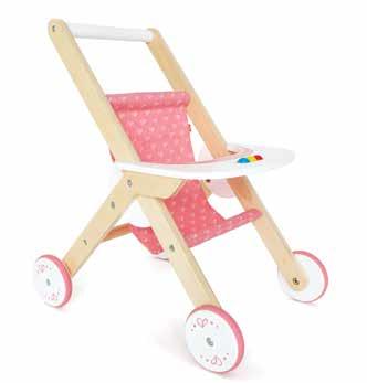 50 Deluxe Stroller Made with a solid beech wood frame, red and white stripped linen, solid plastic wheels