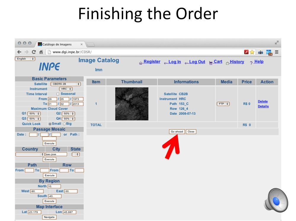 The window now shows the cart contents, with one image. Note that the media format is FTP, meaning that the Image Catalog system will give you a ftp site to download from.
