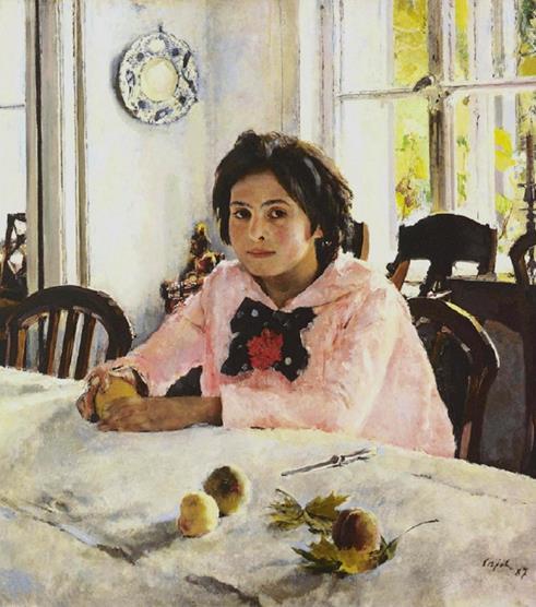 GIRL WITH PEACHES Valentin Serov met and painted the portrait of Vera Mamontov, the twelve year old daughter of Savva Mamontov and it is that portrait entitled, Girl with Peaches.