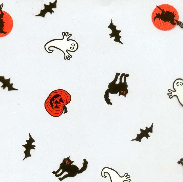 HALLOWEEN PRINT FILM AVAILABLE IN CLEAR PRINTED 3 COLORS BLACK, WHITE AND ORANGE WITH WITCHES, GHOSTS, PUMPKINS AND BATS